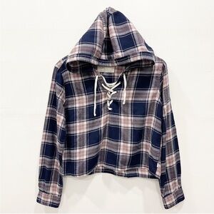 Garage - Plaid Lace-Up Cropped Hooded Pullover Sweatshirt